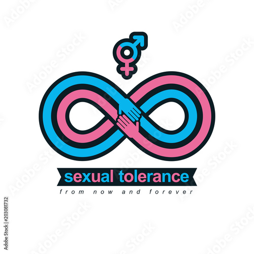 Sexual Tolerance conceptual symbol, Zero tolerance, vector symbol created with infinity loop sign and two hands of people of different orientation touching and reaching each other.