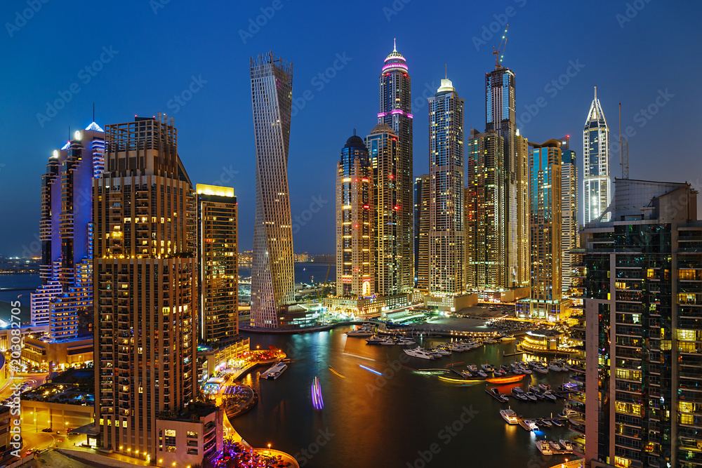 A view of Dubai Marina at Dusk from the top A view of Dubai Marina at Dusk from the top