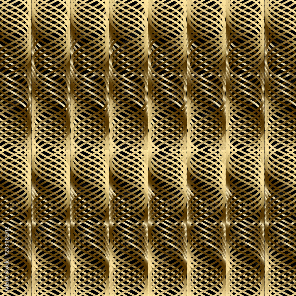 Gold 3d braided wavy lines seamless pattern. Vector geometric abstract ...