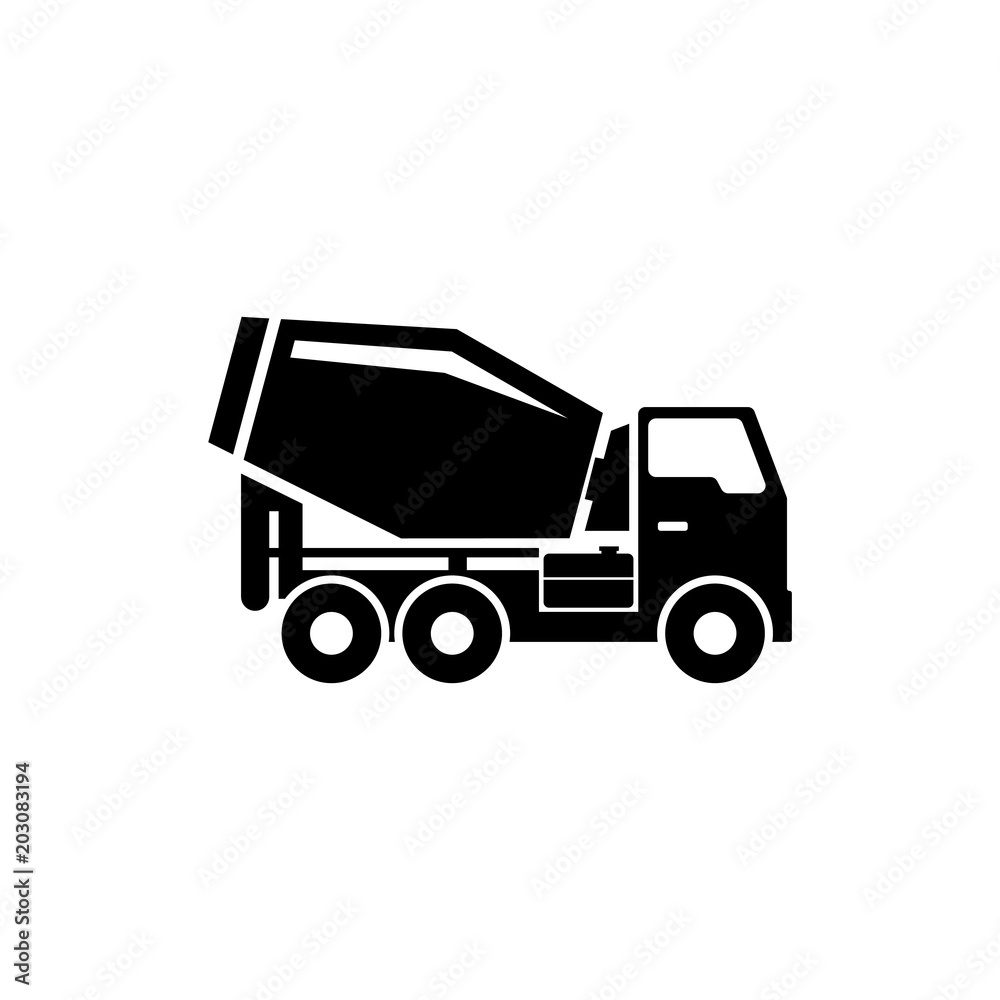 Concrete Mixer. Cement Mixer Truck. Flat Vector Icon. Simple black symbol on white background