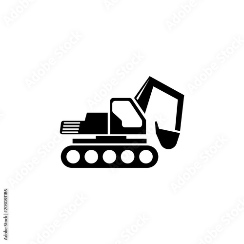 Excavator. Loader Tractor. Crawler Excavator. Crawling Digger. Flat Vector Icon. Simple black symbol on white background