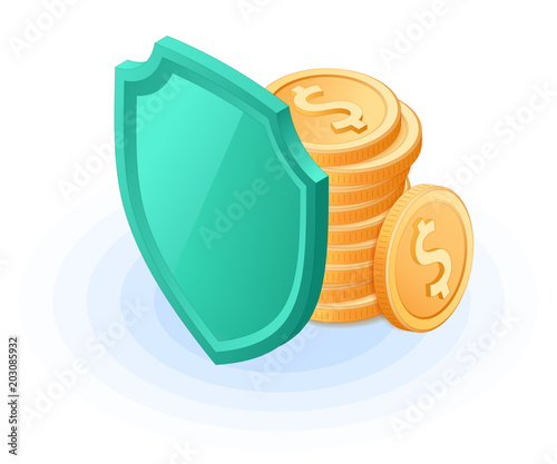 Flat isometric illustration of pile of coins hides behind the shield. The deposit insurance and safety, money protection and cash care, business, banking vector concept isolated on white background.