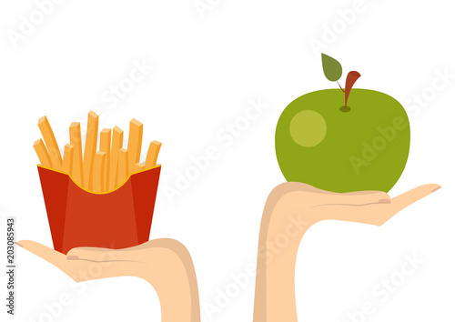Fast food or vegetables proper nutrition. Concept of healthy eating. Vector