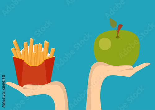 Fast food or vegetables proper nutrition. Concept of healthy eating. Vector