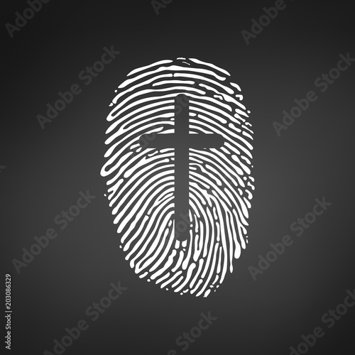 Thumb Prints or fingerprint with cross showing christian identity. vector illustration isolated on black modern bacground.