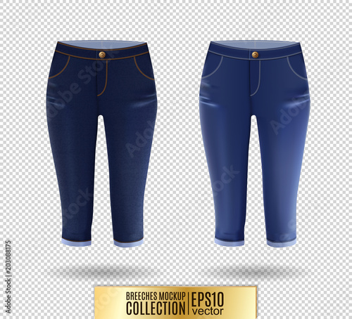 Set of realistick vector breeches mockup. Denim knickerbockers. Blue corduroys. Blue jeans knee-breeches set on transparent background.