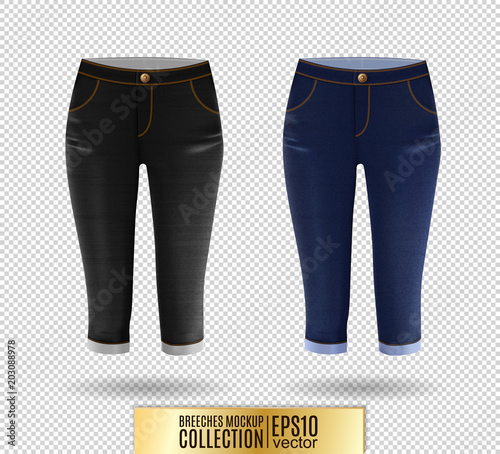 Set of realistick vector breeches mockup. Denim knickerbockers. Blue corduroys. Blue and gray jeans knee-breeches set on transparent background.