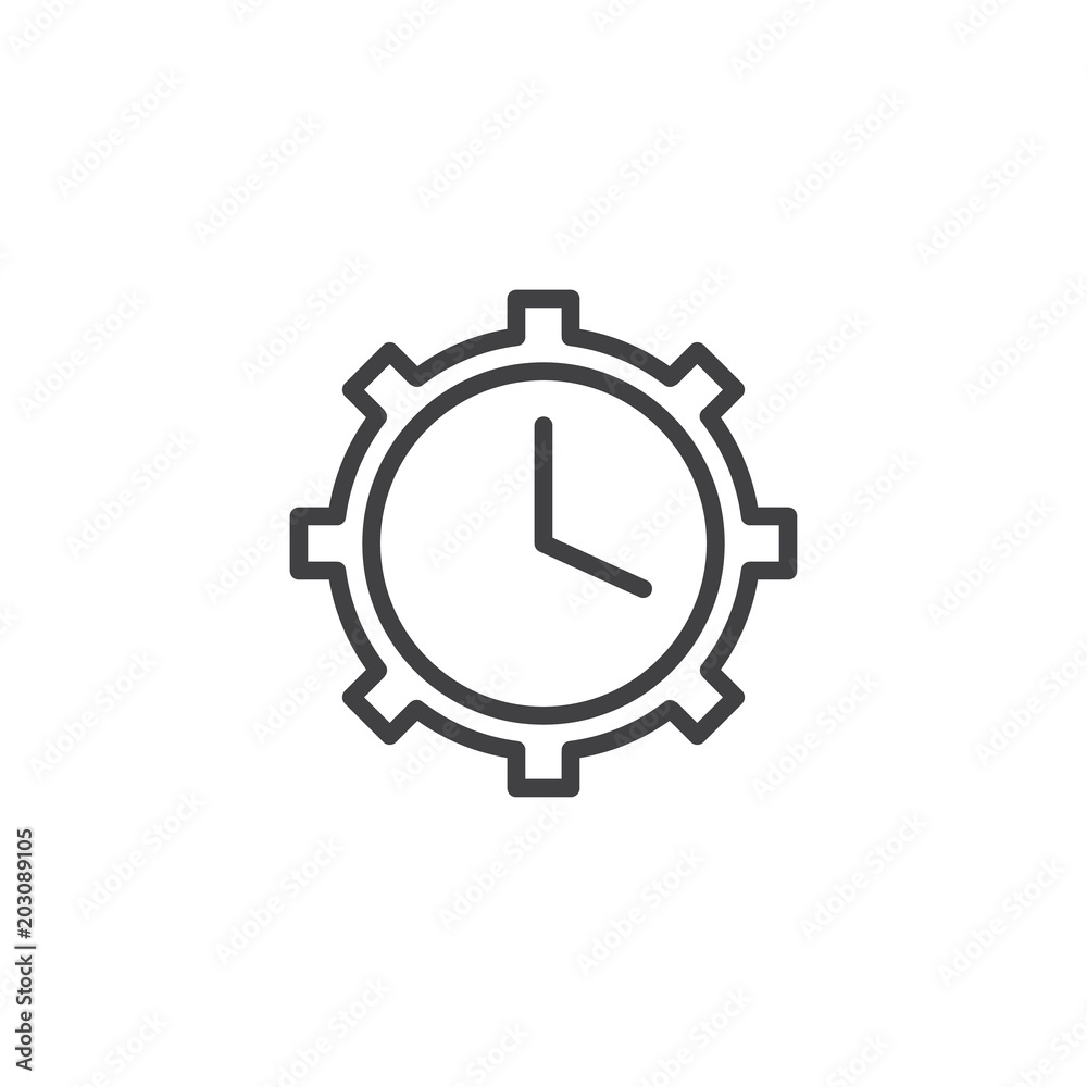 Clock gear outline icon. linear style sign for mobile concept and web design. Time Management simple line vector icon. Symbol, logo illustration. Pixel perfect vector graphics Clock gear outline icon. linear style sign for mobile concept and web design. Time Management simple line vector icon. Symbol, logo illustration. Pixel perfect vector graphics