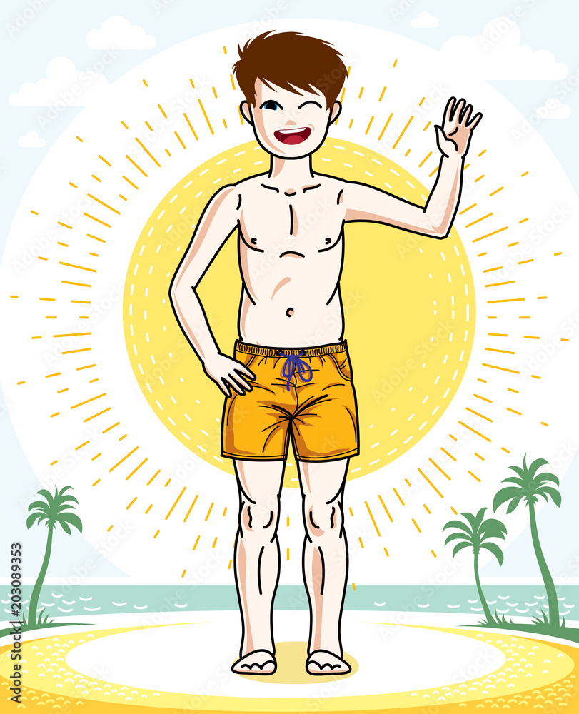 Little boy standing wearing fashionable beach shorts. Vector human illustration. Childhood lifestyle cartoon.