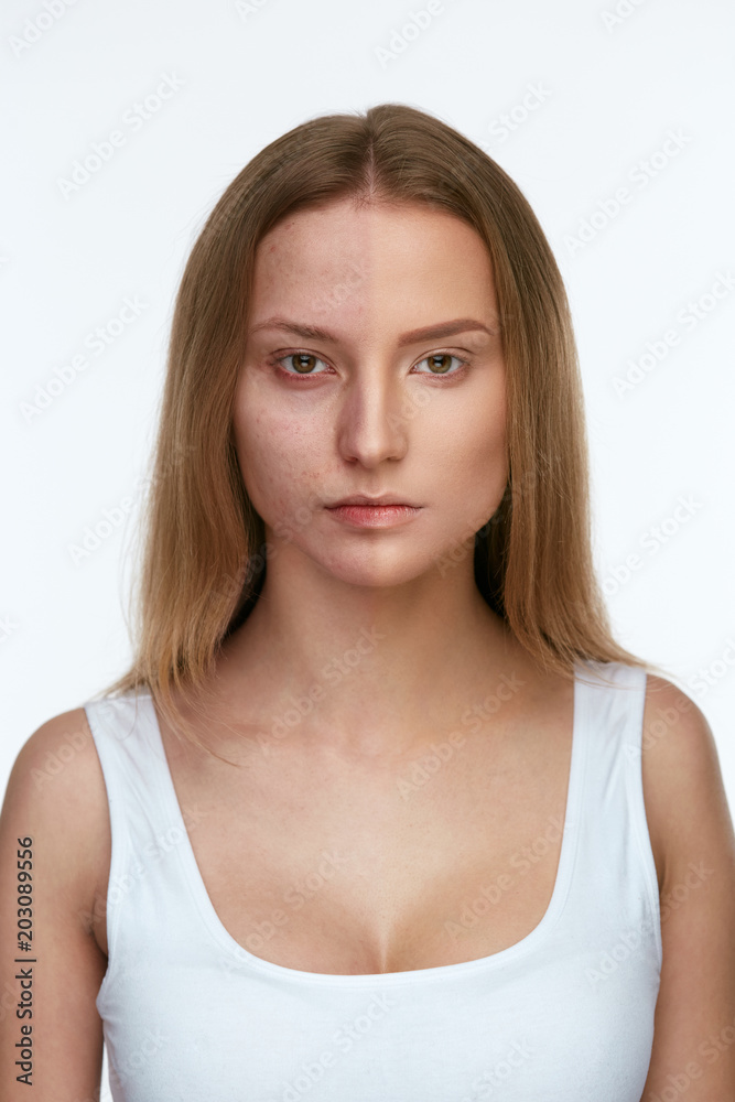 Makeup. Beautiful Woman Face With And Without Foundation Makeup. Beautiful Woman Face With And Without Foundation