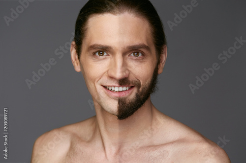 Shaving. Man With And Without Hair On Face 