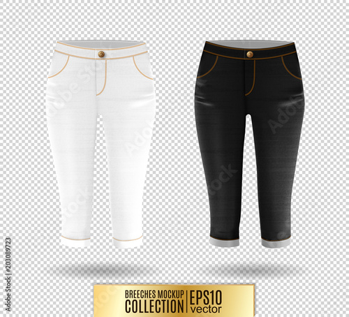 Set of realistick vector breeches mockup. Denim knickerbockers. Blue corduroys. White and black jeans knee-breeches set on transparent background.