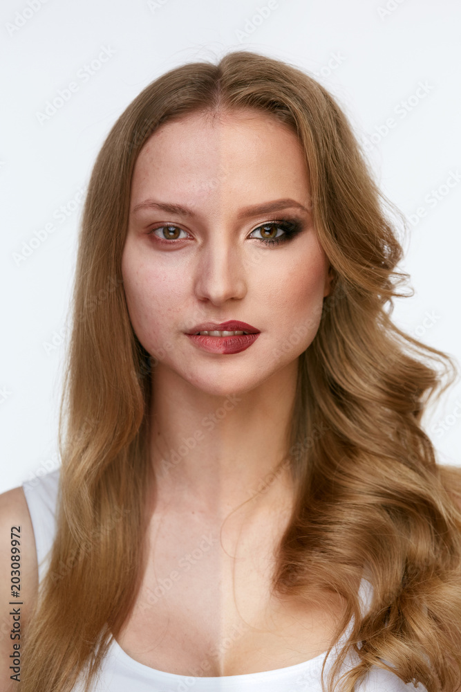 Makeup Power. Woman Face Before And After Beauty Makeup Makeup Power. Woman Face Before And After Beauty Makeup