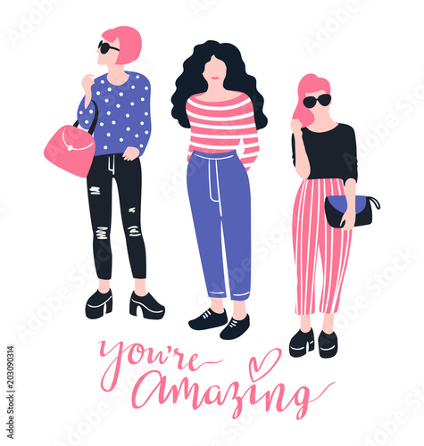 Pretty young fashion women with handwritten lettering 'You're amazing' isolated on the white background. Vector illustration. Beauty salon. photo