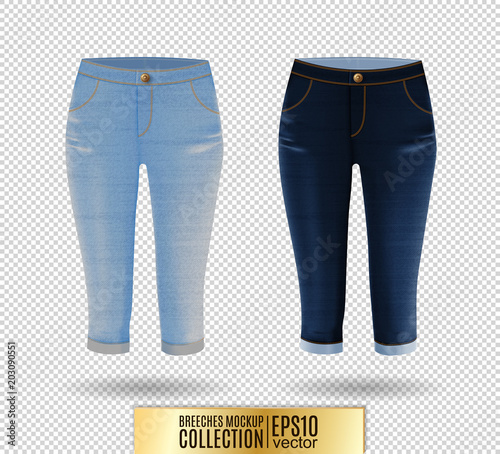 Set of realistick vector breeches mockup. Denim knickerbockers. Blue corduroys. Light and dark blue jeans knee-breeches set on transparent background.