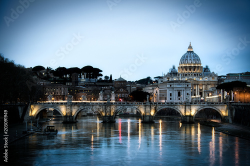 View of the Tiber River in Rome with the Vatican and St. Peter’s Basilica in the background with a vignette. © Jason Yoder