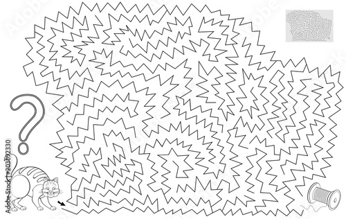 Logic puzzle game with labyrinth for children and adults. Help the cat find the way till the spool. Black and white vector image.