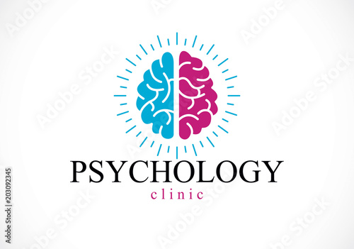 Human anatomical brain, mental health psychology conceptual logo or icon, psychoanalysis and psychotherapy concept. Vector simple classic design.