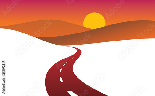 Country road curved highway vector perfect design illustration. The way to nature sunset, hills and fields camping and travel theme. Can be used as a road banner or billboard with copy space for text.