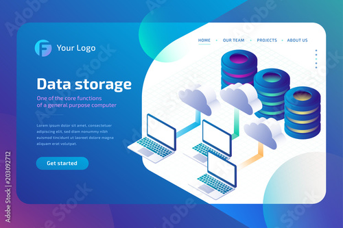 Cloud data storage and cloud storage concept. Landing page template. 3d isometric vector illustration.