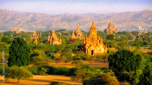 Sunrise landscape view of beautiful old temples in Bagan  Myanmar