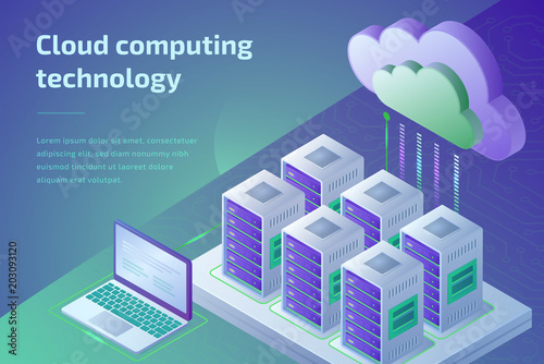 Cloud computing technology and server room concept. Landing page template. 3d isometric vector illustration.