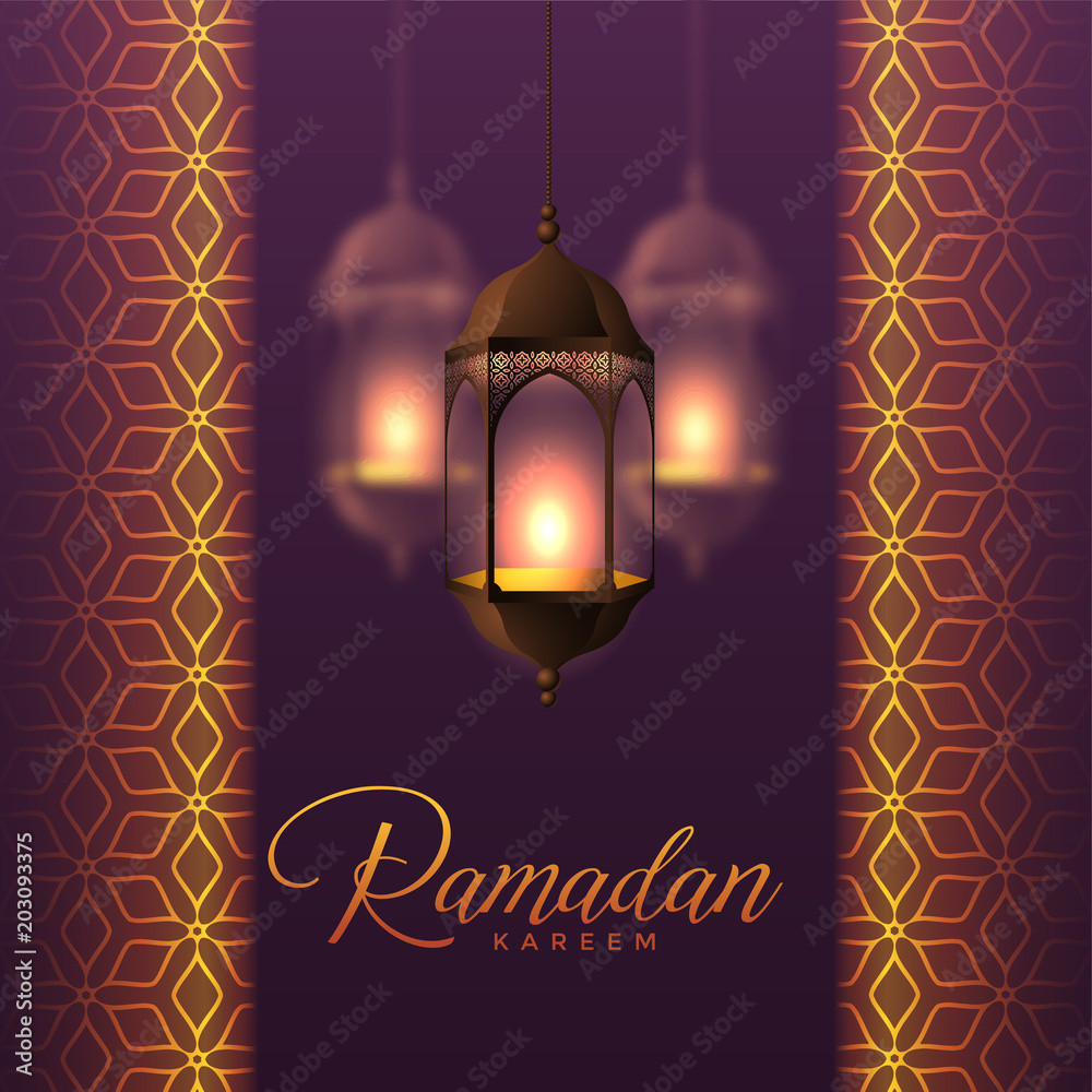 hanging lanterns and islamic pattern design for ramadan kareem