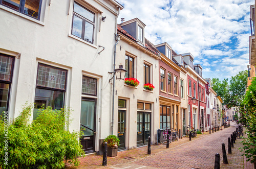 Traditional old street and buildings in Utrecht, Netherlands.