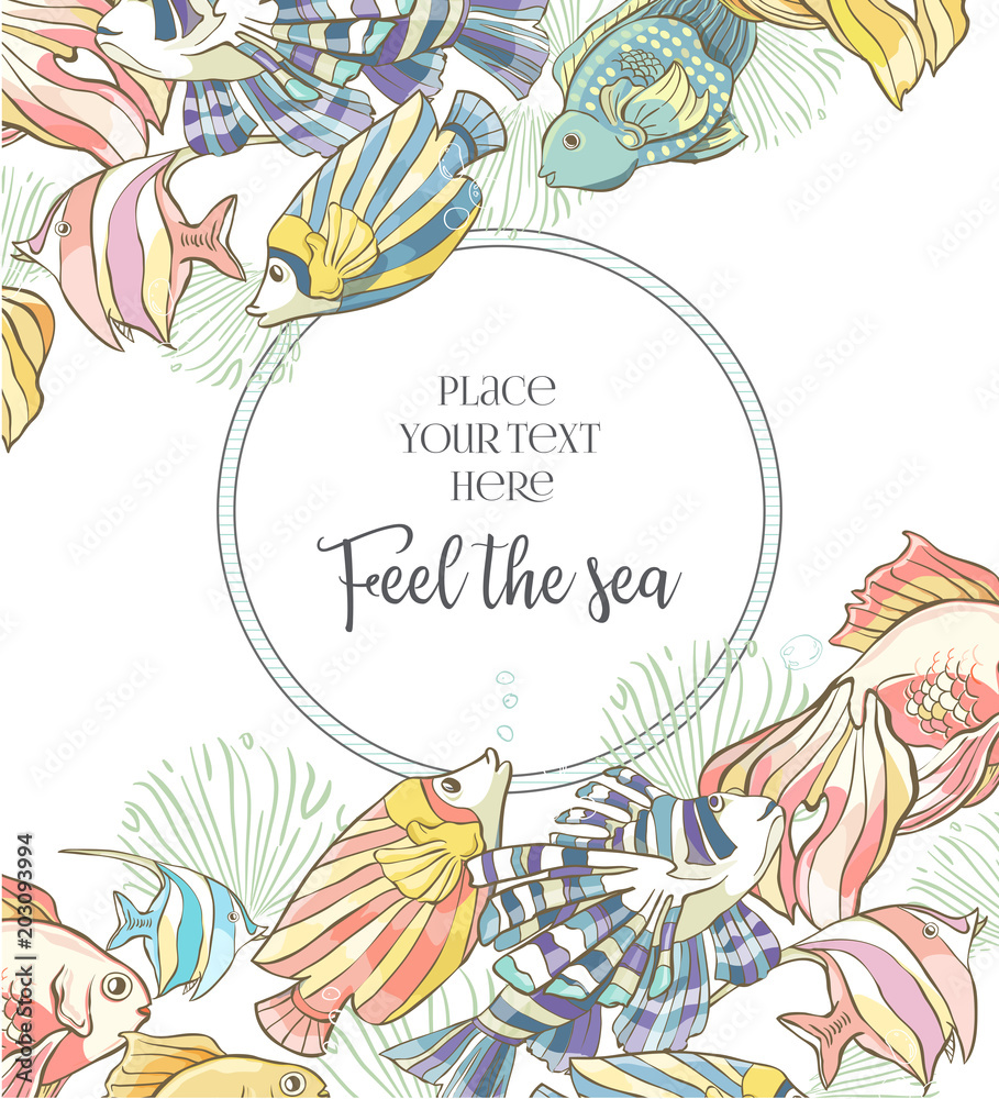 Template with sea elements. Composition with shells. Vector illustration. Happy birthday card.