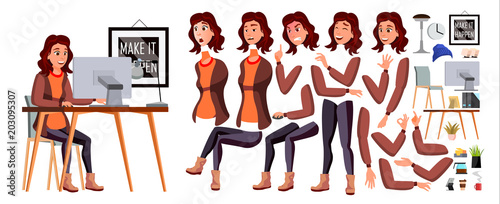 Office Worker Vector. Woman. Happy Clerk, Servant, Employee. Business Human. Face Emotions, Various Gestures. Animation Creation Set. Isolated Character Illustration