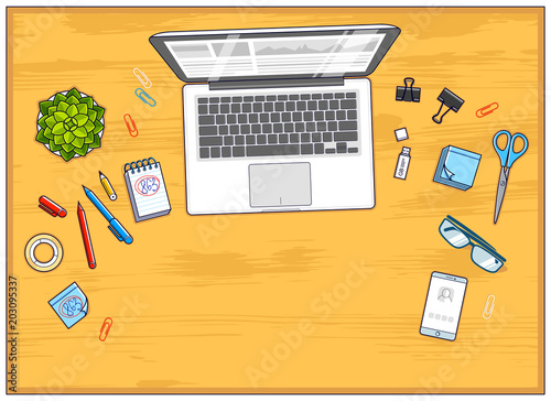Wooden work desk workspace top view with laptop computer and a lot of different stationery objects on table with copy space. All elements are easy to use separately or recompose illustration. Vector.