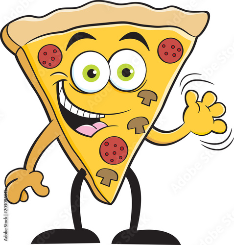 Cartoon illustration of a slice of pizza waving.