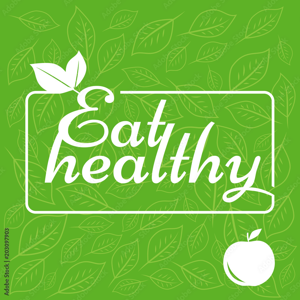 label eat healthy on green background. The sticker with the leaf and apple. vector illustration of symbol of ecology. label eat healthy on green background. The sticker with the leaf and apple. vector illustration of symbol of ecology.