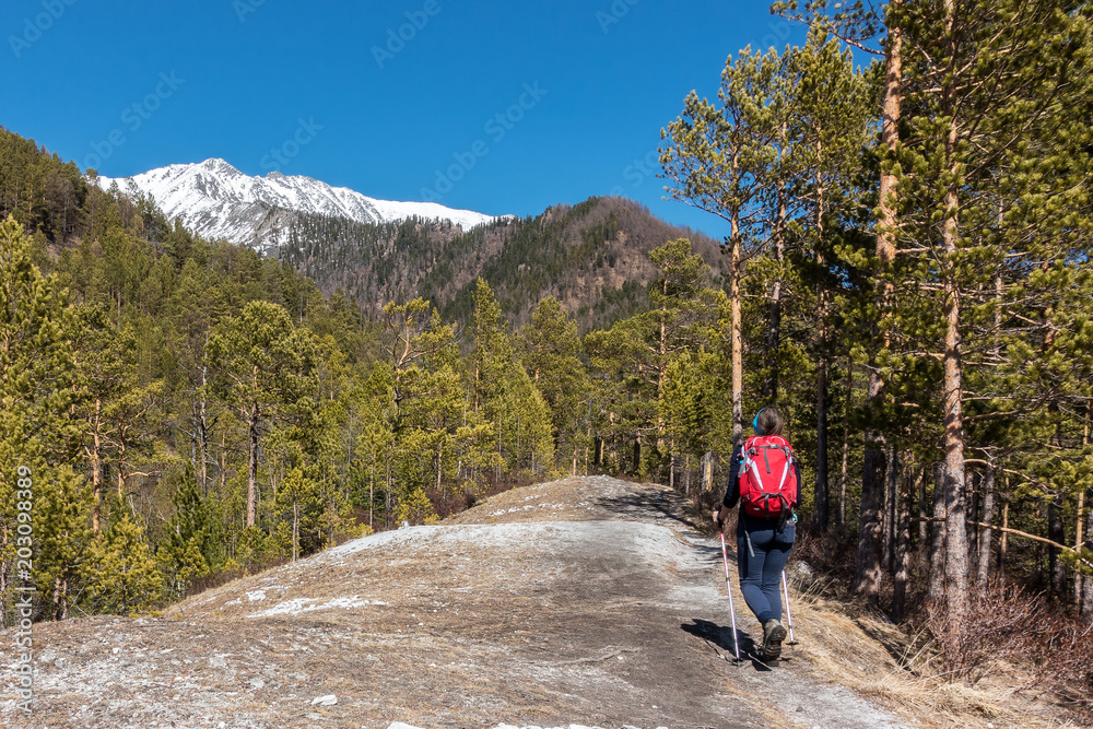 A girl is walking along a mountain trail