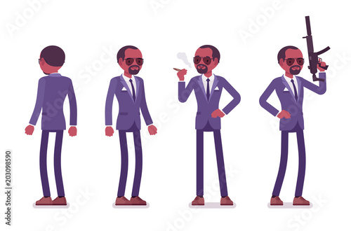 Secret agent black man, gentleman spy of intelligence service standing