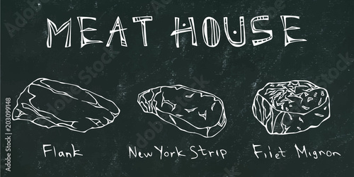 Black Chalk Board Background. Most Popular Steak Types Set. Beef Cuts. Steak House Restaurant Menu. Hand Drawn Illustration. Savoyar Doodle Style. Porterhouse, T-bone, New York Strip, Rib Eye.