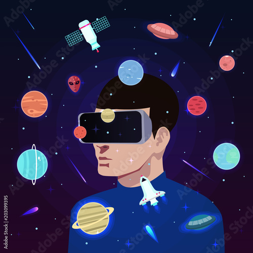 Man using virtual reality glasses. Virtual reality space simulation. Virtual reality for education and games. Flat cartoon vector illustration