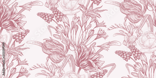 Seamless pattern with spring flowers.