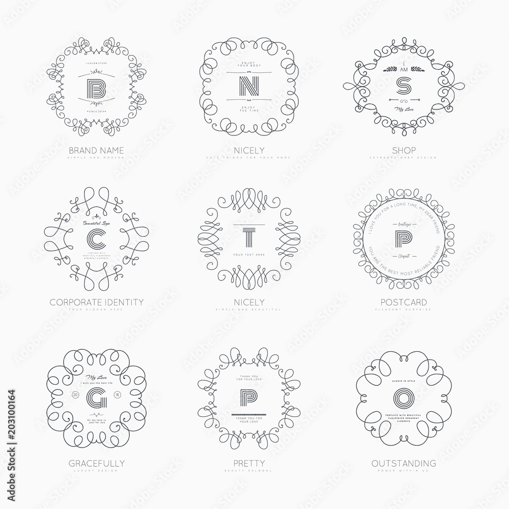 Set of luxury monogram logo templates. Elegant design for business sign, restaurant, wedding shop, jewelry, fashion, product design, brand sign. Vector illustration. Set of luxury monogram logo templates. Elegant design for business sign, restaurant, wedding shop, jewelry, fashion, product design, brand sign. Vector illustration.