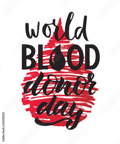 Vector lettering of phrase World blood donor day. Template of label, icon, tag, banner of blood donor day, background. Inscription for journal. Print for gift products. photo