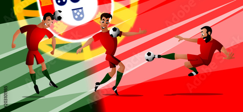 A set of the team Portugal football or soccer players kicking the ball. Isolated from background. Drawn in a cartoon style.