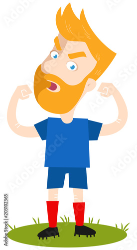 Selbstbewusster, stolz posierender blonder Cartoon Fußballspieler mit Vollbart in blauem Trikot, angriffslustig