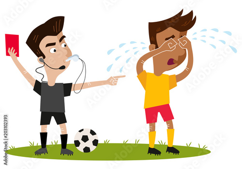 Fußball Cartoon, streng blickender Schiedsrichter pfeift, gibt heulendem Feldspieler rote Karte und schickt ihn vom Platz