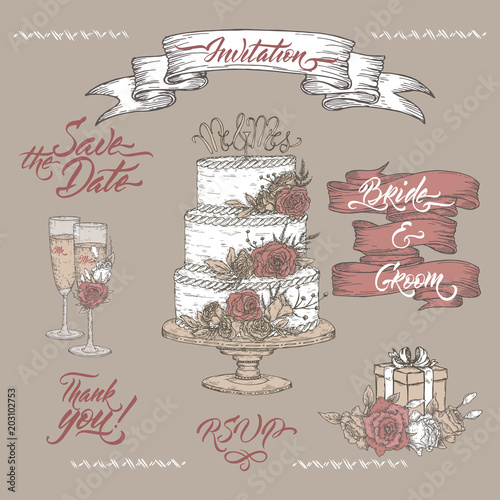 Set of vintage color Wedding sketches and brush calligraphy. Includes wine glass, ribbon banner and cake decor sketch.