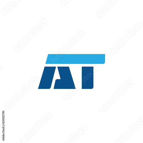 Initial letter AT, straight linked line bold logo, simple flat blue colors