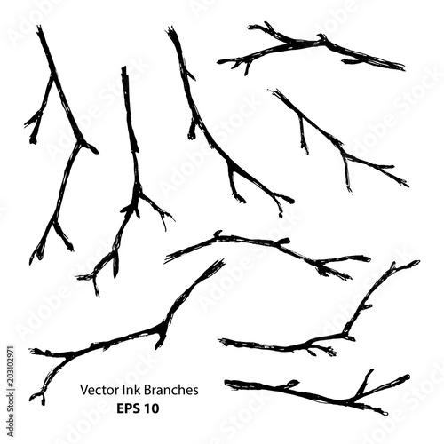 Black ink hand painted stylized branches