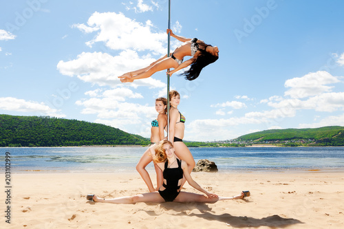 group of girls in bathing suits at pole dancing