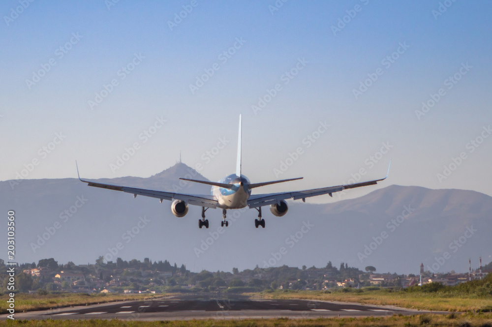 Airplane landing on Corfu airport Airplane landing on Corfu airport