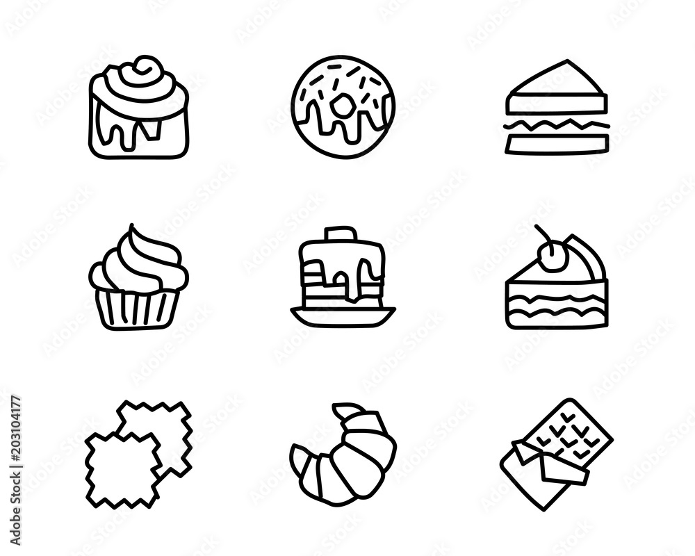 pastry hand drawn icon set design illustration, hand drawn style design, designed web and app