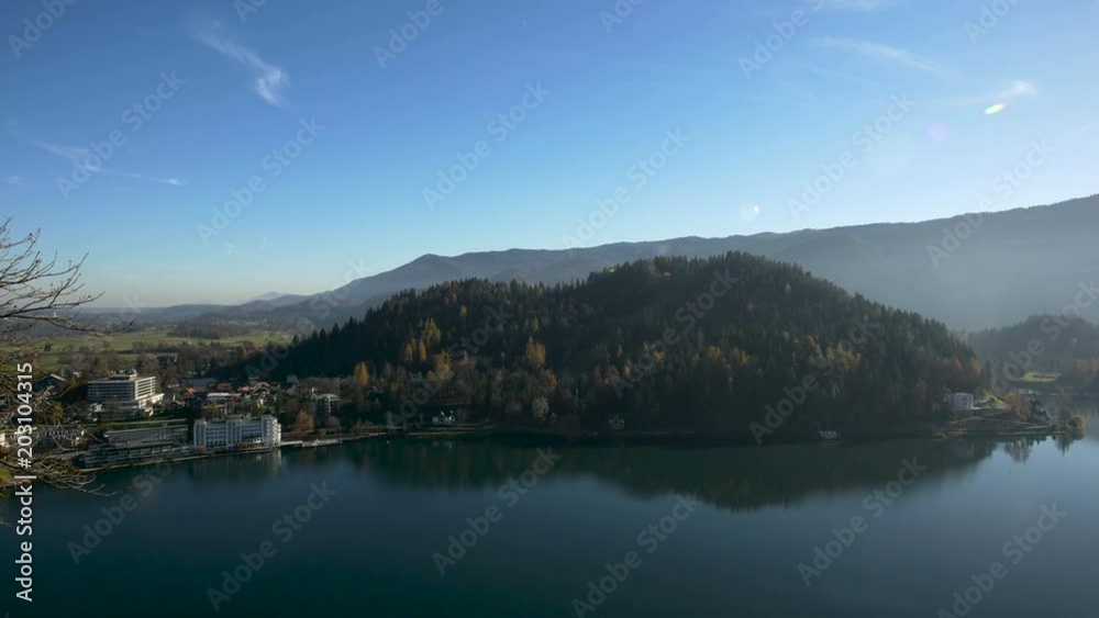 Buildings and trees on Bled lake shore Buildings and trees on Bled lake shore